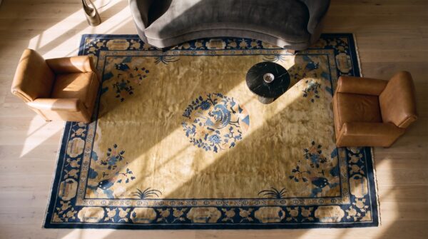 Antique peking chinese floral, medallion blue, ivory beige cream white 1920s rug 2 Antique peking chinese floral, medallion blue, ivory beige cream white 1920s rug (sku 24645) - styled overhead view