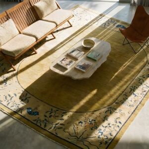 Antique Peking Chinese Floral, Medallion Ivory 1890s Rug (SKU 24904) - styled overhead view