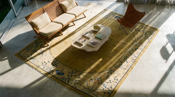 Antique peking chinese floral, medallion ivory 1890s rug 2 Antique peking chinese floral, medallion ivory 1890s rug (sku 24904) - styled overhead view