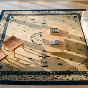 Antique Peking Chinese Floral, Medallion Ivory 1900s Rug (SKU 24910) - styled overhead view