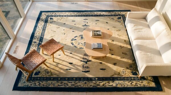 Antique peking chinese floral, medallion ivory 1900s rug (sku 24910) - styled overhead view