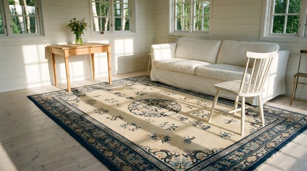 Antique peking chinese floral, medallion ivory 1920s rug 7 Antique peking chinese floral, medallion ivory 1920s rug (sku 24011) - room view