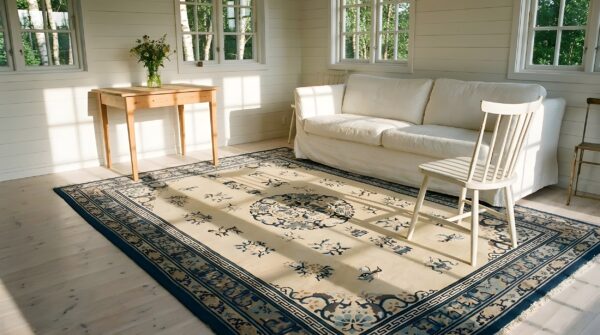 Antique peking chinese floral, medallion ivory 1920s rug 8 Antique peking chinese floral, medallion ivory 1920s rug (sku 24011) - in-room detail