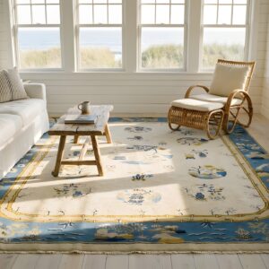 Antique Peking Chinese Floral, Medallion Ivory Beige Cream White 1900s Rug (SKU 24603) - room view