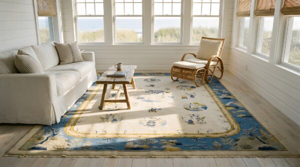 Antique peking chinese floral, medallion ivory beige cream white 1900s rug (sku 24603) - room view