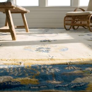 Antique Peking Chinese Floral, Medallion Ivory Beige Cream White 1900s Rug (SKU 24603) - in-room detail