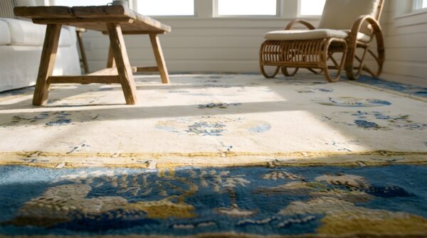 Antique peking chinese floral, medallion ivory beige cream white 1900s rug (sku 24603) - in-room detail