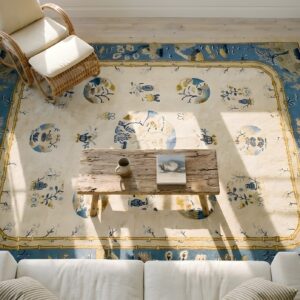 Antique Peking Chinese Floral, Medallion Ivory Beige Cream White 1900s Rug (SKU 24603) - styled overhead view