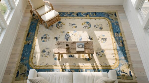 Antique peking chinese floral, medallion ivory beige cream white 1900s rug (sku 24603) - styled overhead view