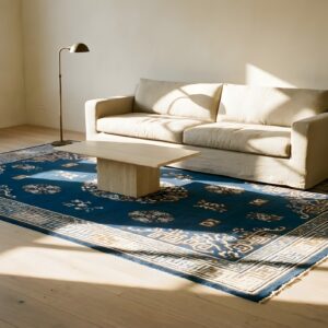 Antique Peking Chinese Floral, Medallion Navy 1880s Rug (SKU 24060) - styled overhead view