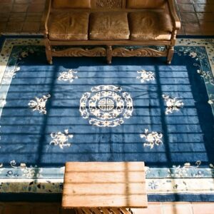 Antique Peking Chinese Floral, Medallion Navy 1900s Rug (SKU 23682) - styled overhead view