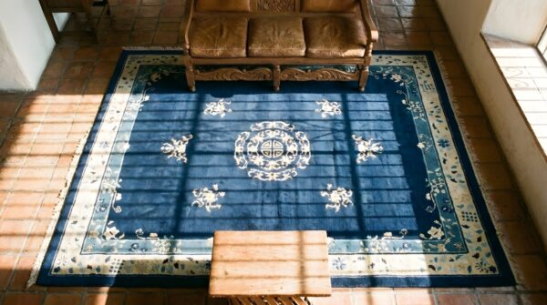 Antique peking chinese floral, medallion navy 1900s rug 2 Antique peking chinese floral, medallion navy 1900s rug (sku 23682) - styled overhead view