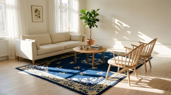 Antique peking chinese floral, medallion navy 1920s rug (sku 23906) - room view