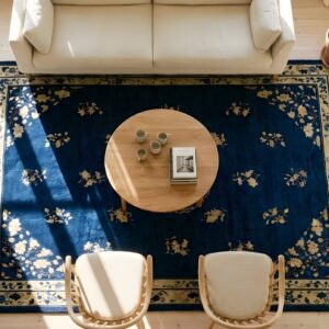 Antique Peking Chinese Floral, Medallion Navy 1920s Rug (SKU 23906) - styled overhead view