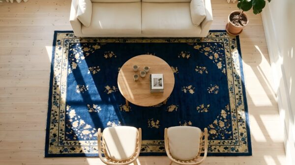 Antique peking chinese floral, medallion navy 1920s rug (sku 23906) - styled overhead view