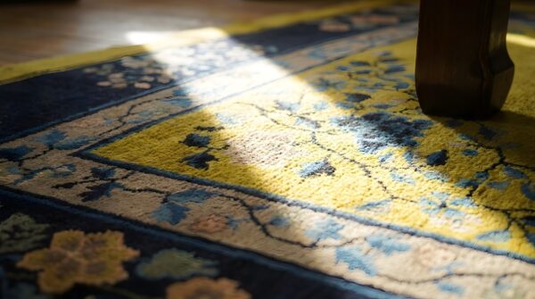 Antique peking chinese floral medallion yellow 1920s rug 11 Antique peking chinese floral medallion yellow 1920s rug (sku 24140) - in-room detail