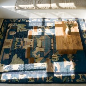 Antique Peking Chinese Geometric Blue 1920s Rug (SKU 24591) - styled overhead view