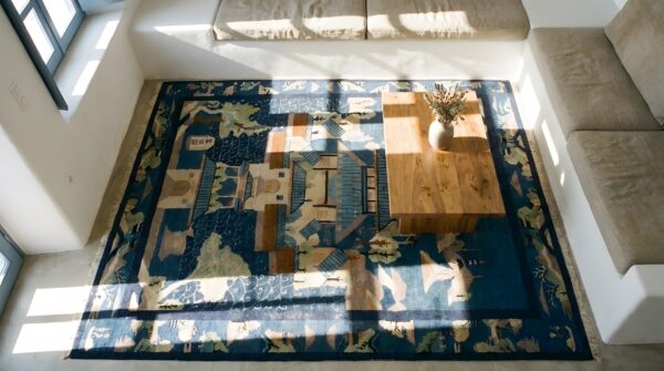 Antique peking chinese geometric blue 1920s rug 2 Antique peking chinese geometric blue 1920s rug (sku 24591) - styled overhead view