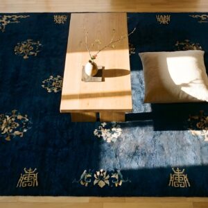 Antique Peking Chinese Geometric Blue Navy 1930s Rug (SKU 24582) - styled overhead view