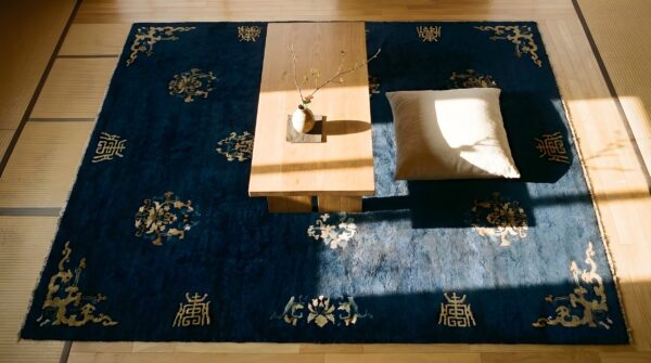 Antique peking chinese geometric blue navy 1930s rug 2 Antique peking chinese geometric blue navy 1930s rug (sku 24582) - styled overhead view