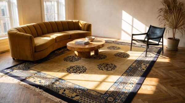 Antique peking chinese geometric ivory beige cream white 1880s rug 10 Antique peking chinese geometric ivory beige cream white 1880s rug (sku 24399) - room view