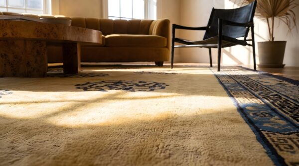 Antique peking chinese geometric ivory beige cream white 1880s rug 11 Antique peking chinese geometric ivory beige cream white 1880s rug (sku 24399) - in-room detail