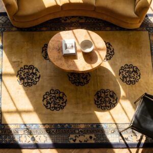 Antique Peking Chinese Geometric Ivory Beige Cream White 1880s Rug (SKU 24399) - styled overhead view