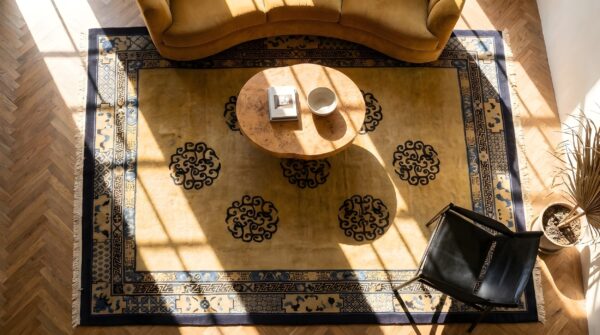Antique peking chinese geometric ivory beige cream white 1880s rug 2 Antique peking chinese geometric ivory beige cream white 1880s rug (sku 24399) - styled overhead view