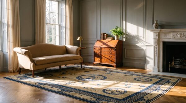 Antique peking chinese geometric ivory beige cream white 1900s rug 9 Antique peking chinese geometric ivory beige cream white 1900s rug (sku 24669) - room view