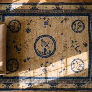 Antique Peking Chinese Geometric Ivory Beige Cream White 1900s Rug (SKU 24669) - styled overhead view