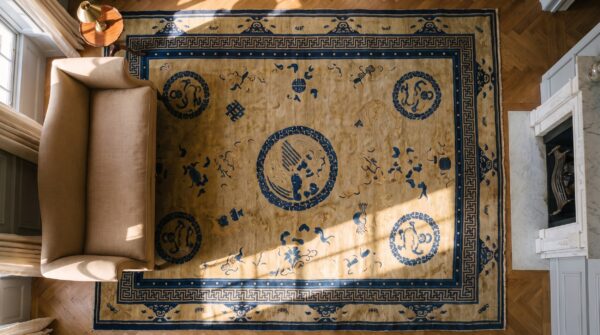 Antique peking chinese geometric ivory beige cream white 1900s rug 2 Antique peking chinese geometric ivory beige cream white 1900s rug (sku 24669) - styled overhead view