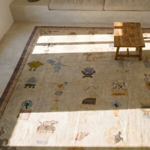 Antique Peking Chinese Geometric Ivory Beige Cream White 1920s Rug (SKU 24592) - styled overhead view