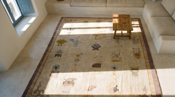 Antique peking chinese geometric ivory beige cream white 1920s rug 2 Antique peking chinese geometric ivory beige cream white 1920s rug (sku 24592) - styled overhead view