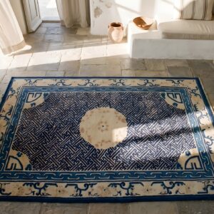 Antique Peking Chinese Ivory 1900s Rug (SKU 22912) - styled overhead view