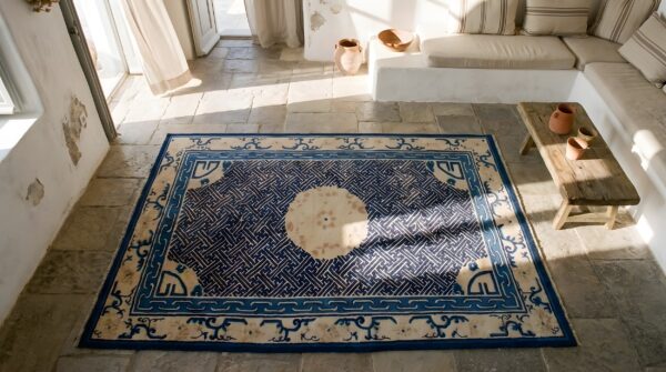 Antique peking chinese ivory 1900s rug 2 Antique peking chinese ivory 1900s rug (sku 22912) - styled overhead view