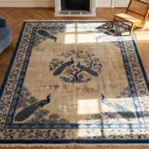 Antique Peking Chinese Medallion Beige 1890s Rug (SKU 22936) - styled overhead view