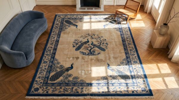 Antique peking chinese medallion beige 1890s rug (sku 22936) - styled overhead view