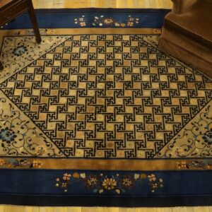 Antique Peking Chinese Medallion Beige 1900s Rug (SKU 23759) - styled overhead view