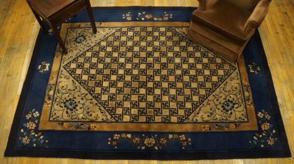 Antique peking chinese medallion beige 1900s rug 2 Antique peking chinese medallion beige 1900s rug (sku 23759) - styled overhead view