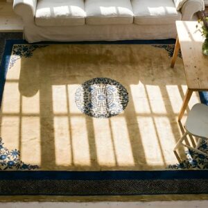 Antique Peking Chinese Medallion Beige 1900s Beige Rug (SKU 24169) - styled overhead view