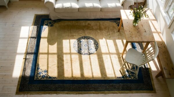 Antique peking chinese medallion beige 1900s beige rug 2 Antique peking chinese medallion beige 1900s beige rug (sku 24169) - styled overhead view
