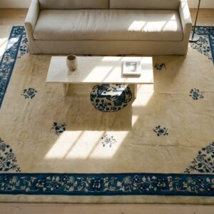 Antique Peking Chinese Medallion Beige 1920s Rug (SKU 23749) - styled overhead view