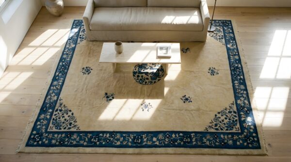 Antique peking chinese medallion beige 1920s rug 2 Antique peking chinese medallion beige 1920s rug (sku 23749) - styled overhead view