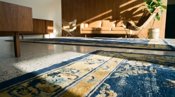 Antique peking chinese medallion beige, blue 1920s rug (sku 24606) - in-room detail