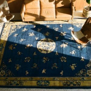 Antique Peking Chinese Medallion Beige, Blue 1920s Rug (SKU 24606) - styled overhead view