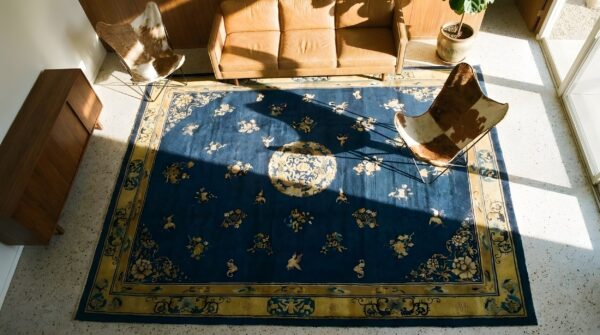 Antique peking chinese medallion beige, blue 1920s rug (sku 24606) - styled overhead view