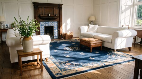 Antique peking chinese medallion beige, blue navy 1920s rug 10 Antique peking chinese medallion beige, blue navy 1920s rug (sku 24470) - room view