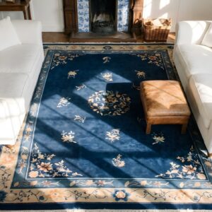 Antique Peking Chinese Medallion Beige, Blue Navy 1920s Rug (SKU 24470) - styled overhead view