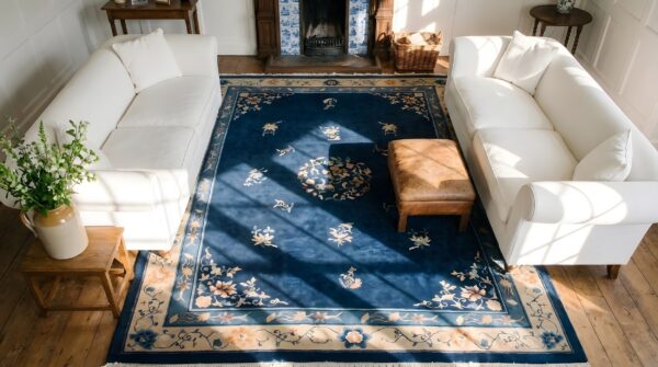 Antique peking chinese medallion beige, blue navy 1920s rug 2 Antique peking chinese medallion beige, blue navy 1920s rug (sku 24470) - styled overhead view