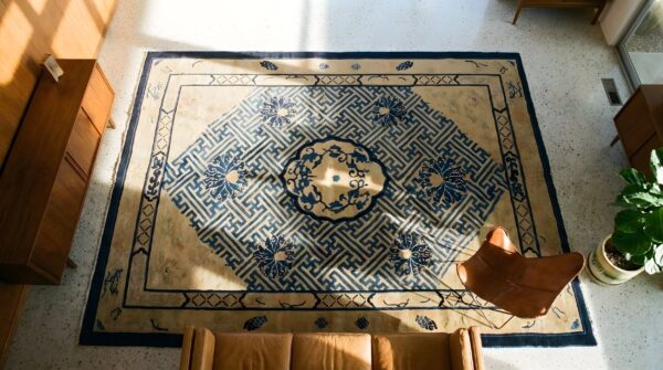 Antique peking chinese medallion black 1870s rug 2 Antique peking chinese medallion black 1870s rug (sku 23679) - styled overhead view